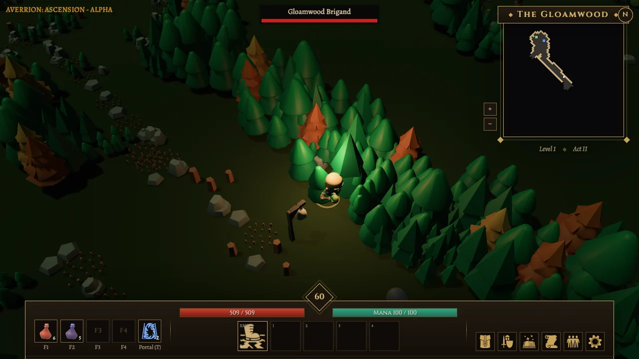 A druid in the dark pines of the Gloamwood, facing a Gloamwood Brigand