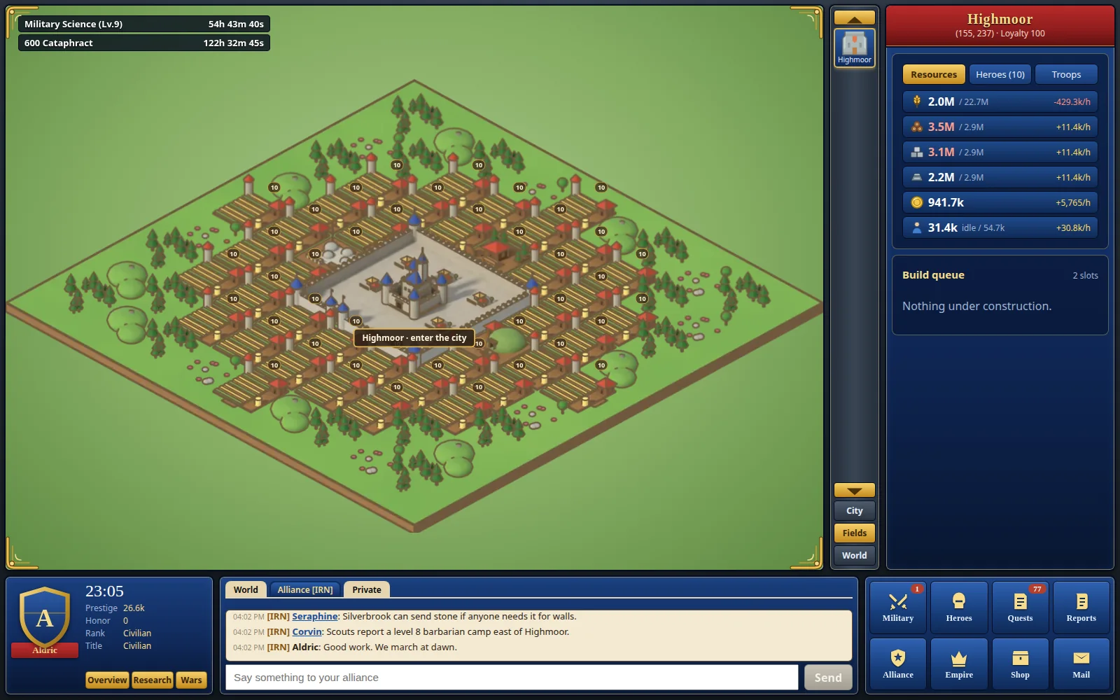 The fields around a city: farms, mines and forest surrounding the walled town