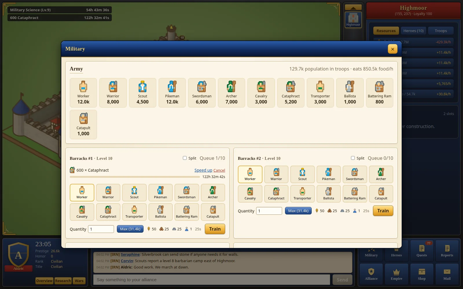 The Military window: twelve troop types and four barracks training units