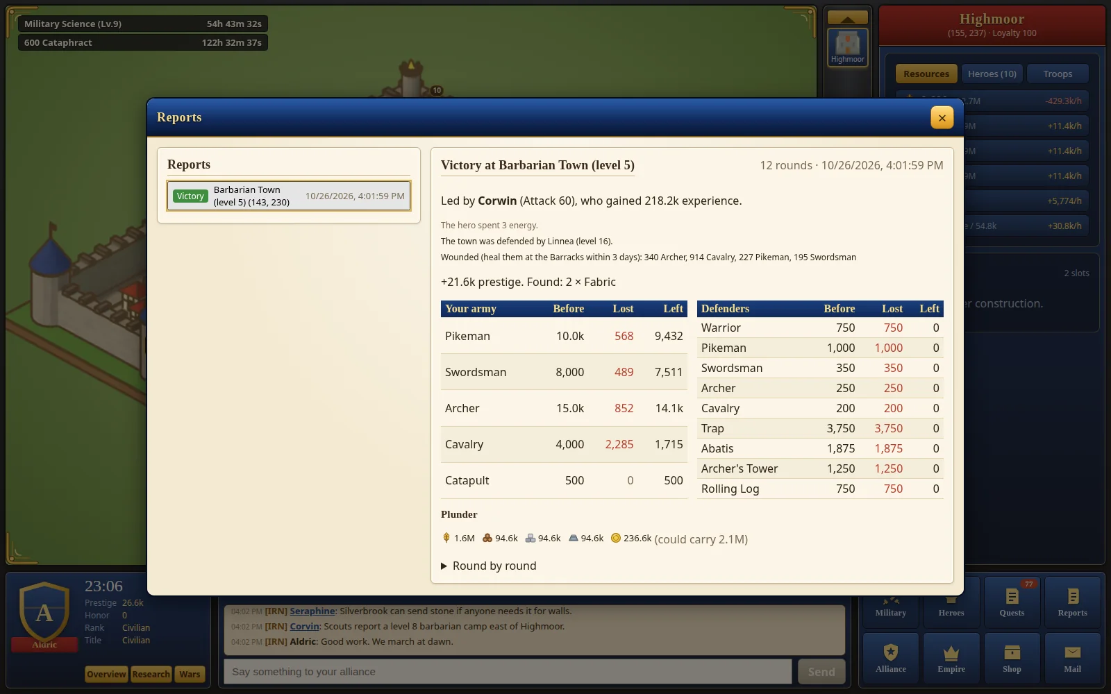A battle report: a victory over a barbarian town, with losses, plunder and the hero's experience