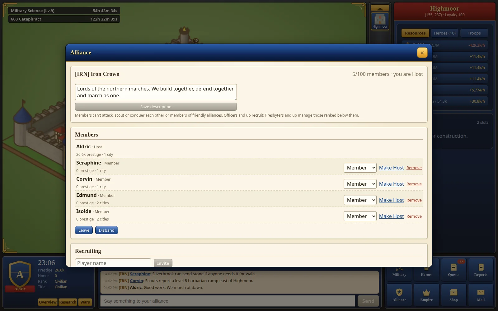 The Alliance window for Iron Crown, with its members and ranks